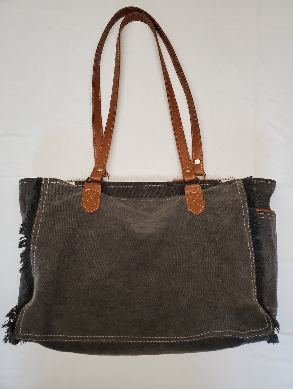 Myra Bag Cowhide Aztec Tote Tooled Leather Turquoise Concho Western Fringe Purse - Picture 7 of 9